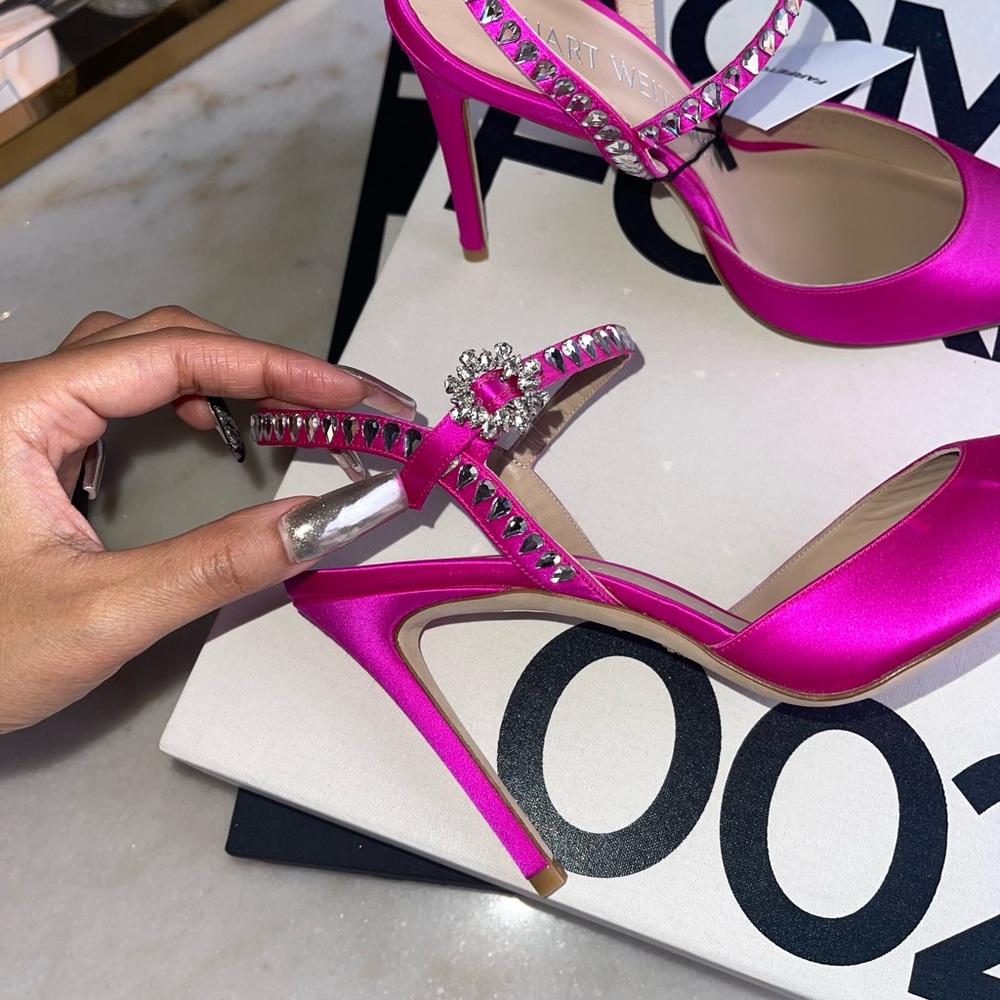 New Stuart Weitzman Gemcut 100 Swarovski Crystal Ankle Strap Pump in Rosa Pink - Picture 8 of 12